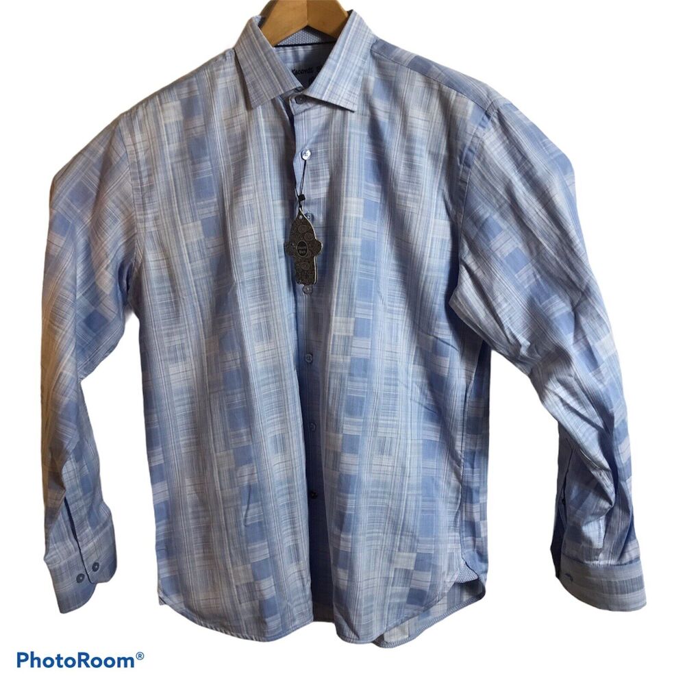 VISCONTI BLACK Mens Modern Subtle Plaid Long Sleeve Shirt Blue Sz Medium $125